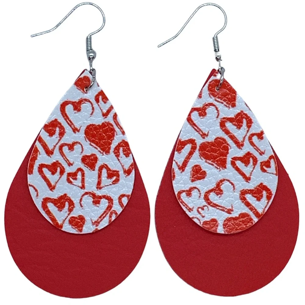 Faux Leather Teardrop Earrings Valentine Hearts - Picture 1 of 4